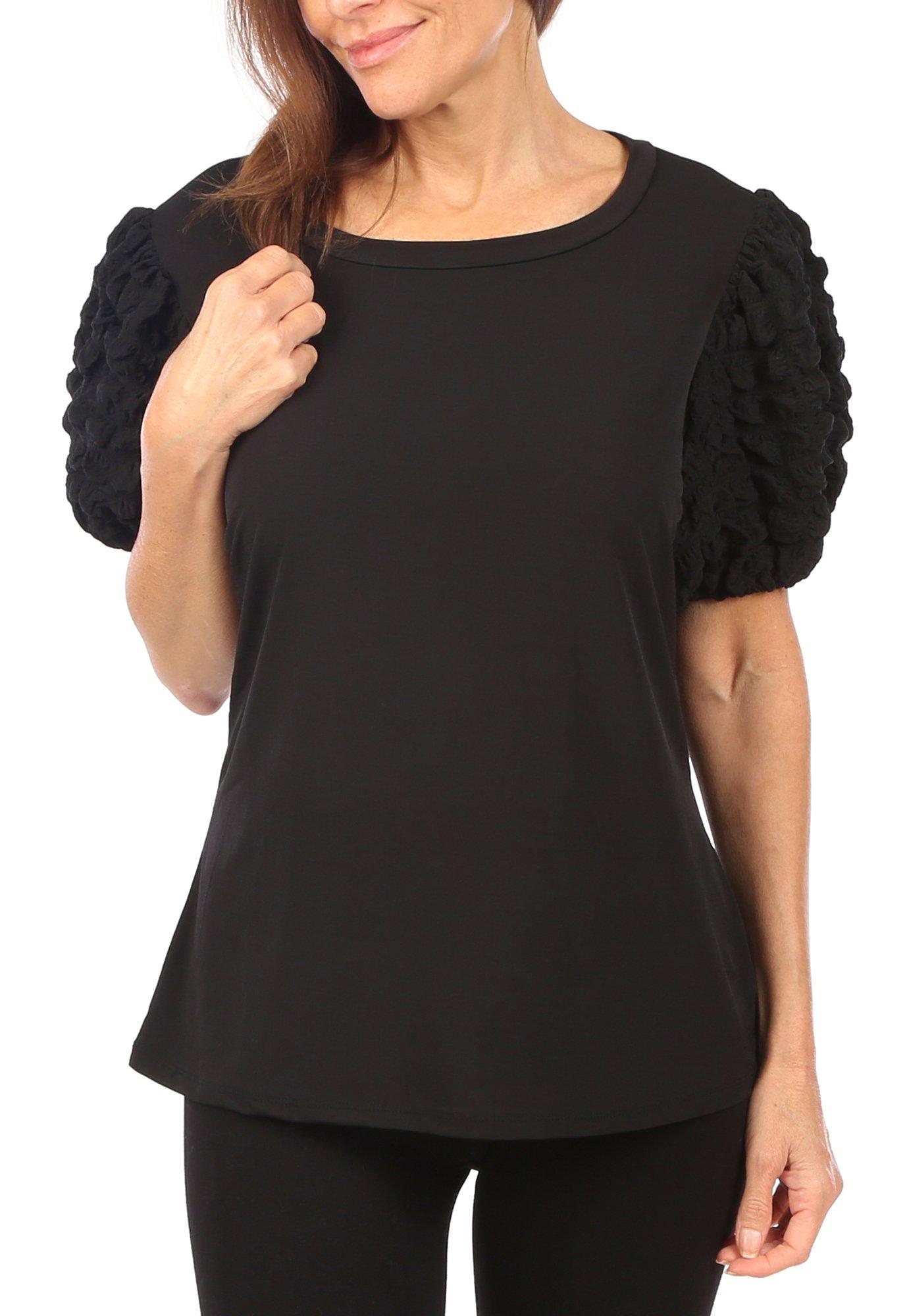 Women's Solid Short Puff Sleeve Top - Black