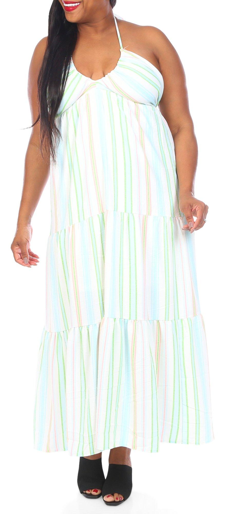 Juniors Plus Stripe Print Halter Dress
