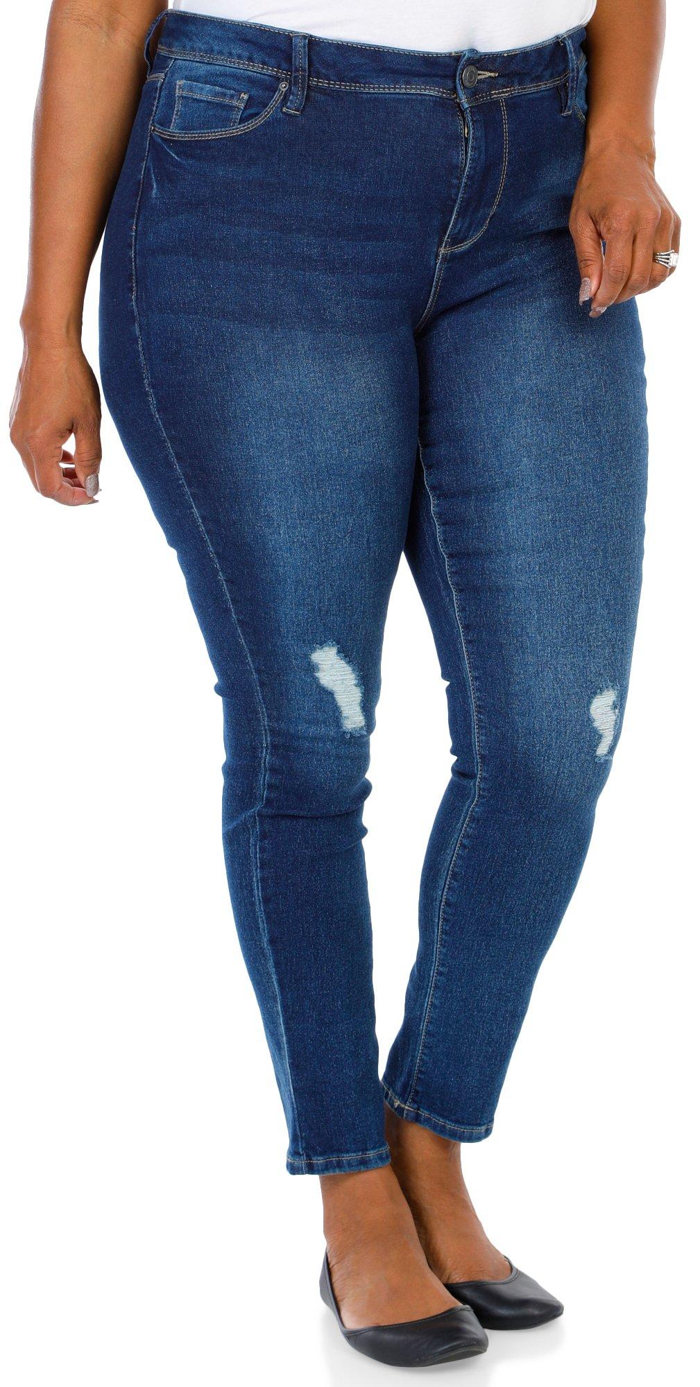 Women's Juniors/Plus Size High Waist Distressed Elastic Cuffed Denim Joggers