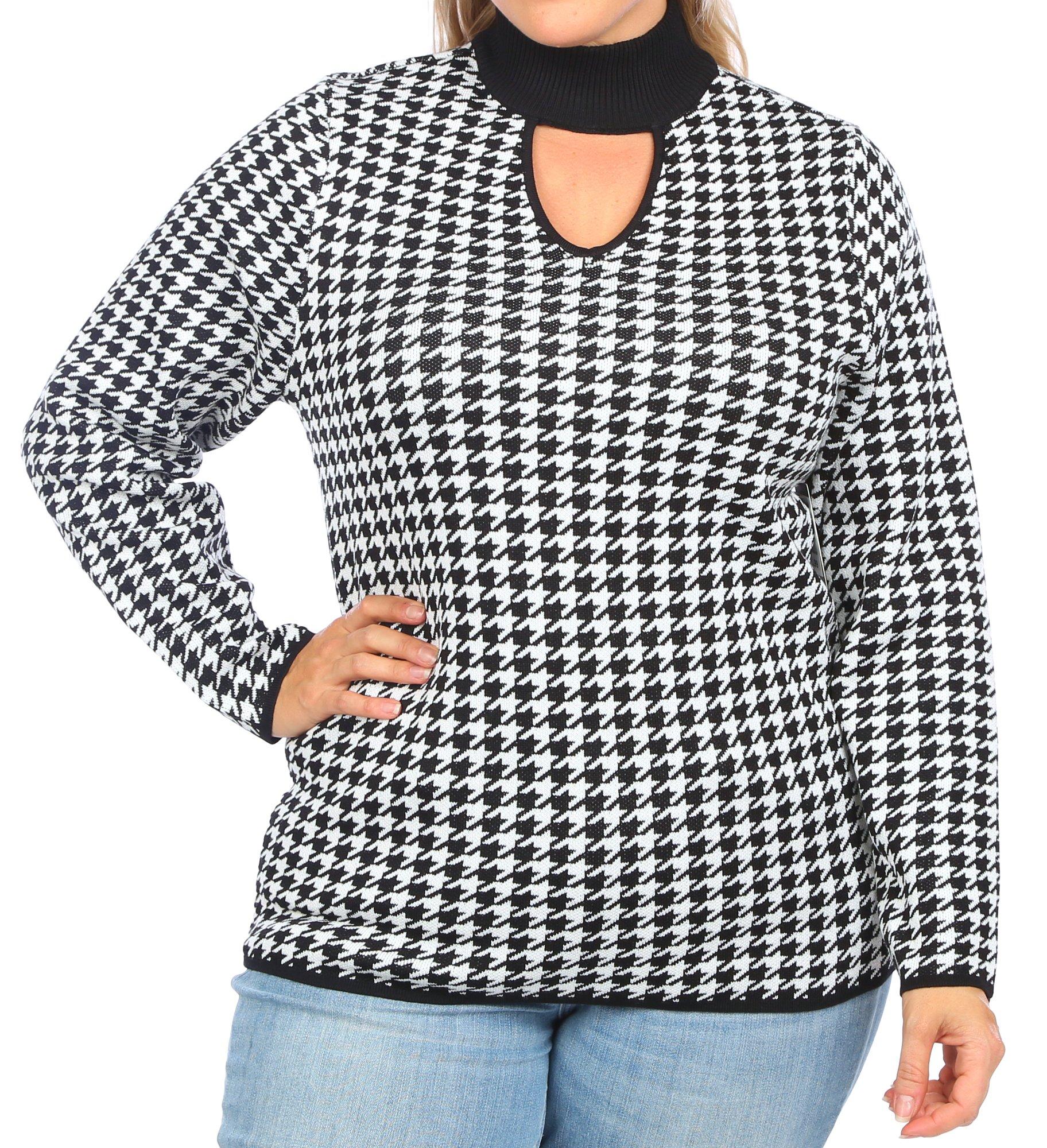 Women's Plus Houndstooth Keyhole Top