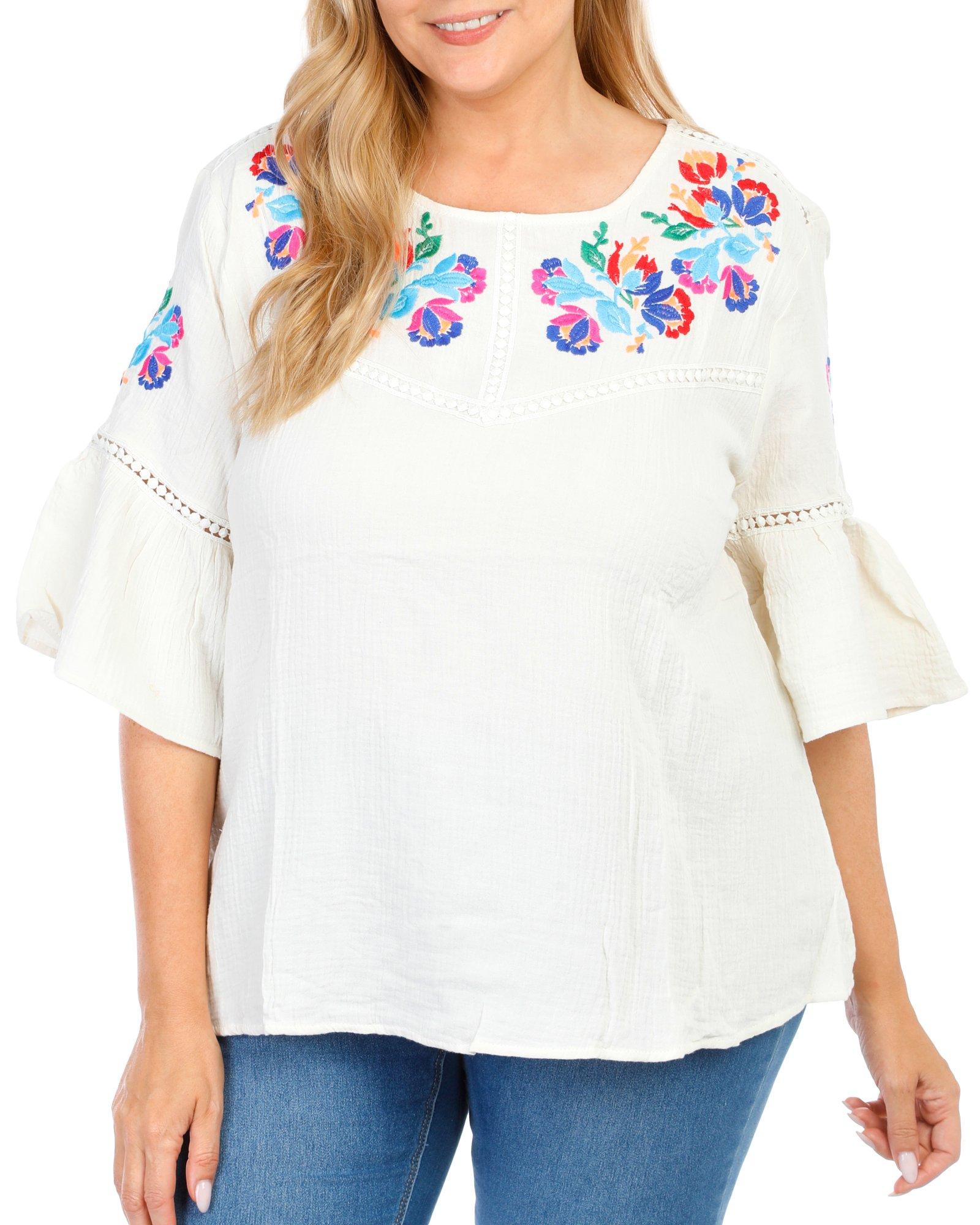 Women's Plus Solid Embroidered Top