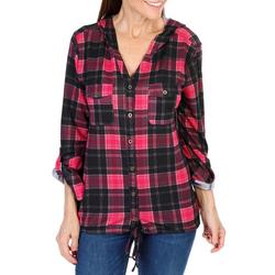 Women's Plaid Button Down Hooded Top - Pink