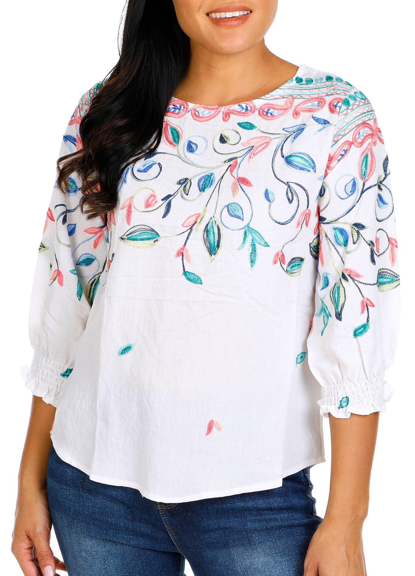 Women's Petite Embroidered Floral Print Top