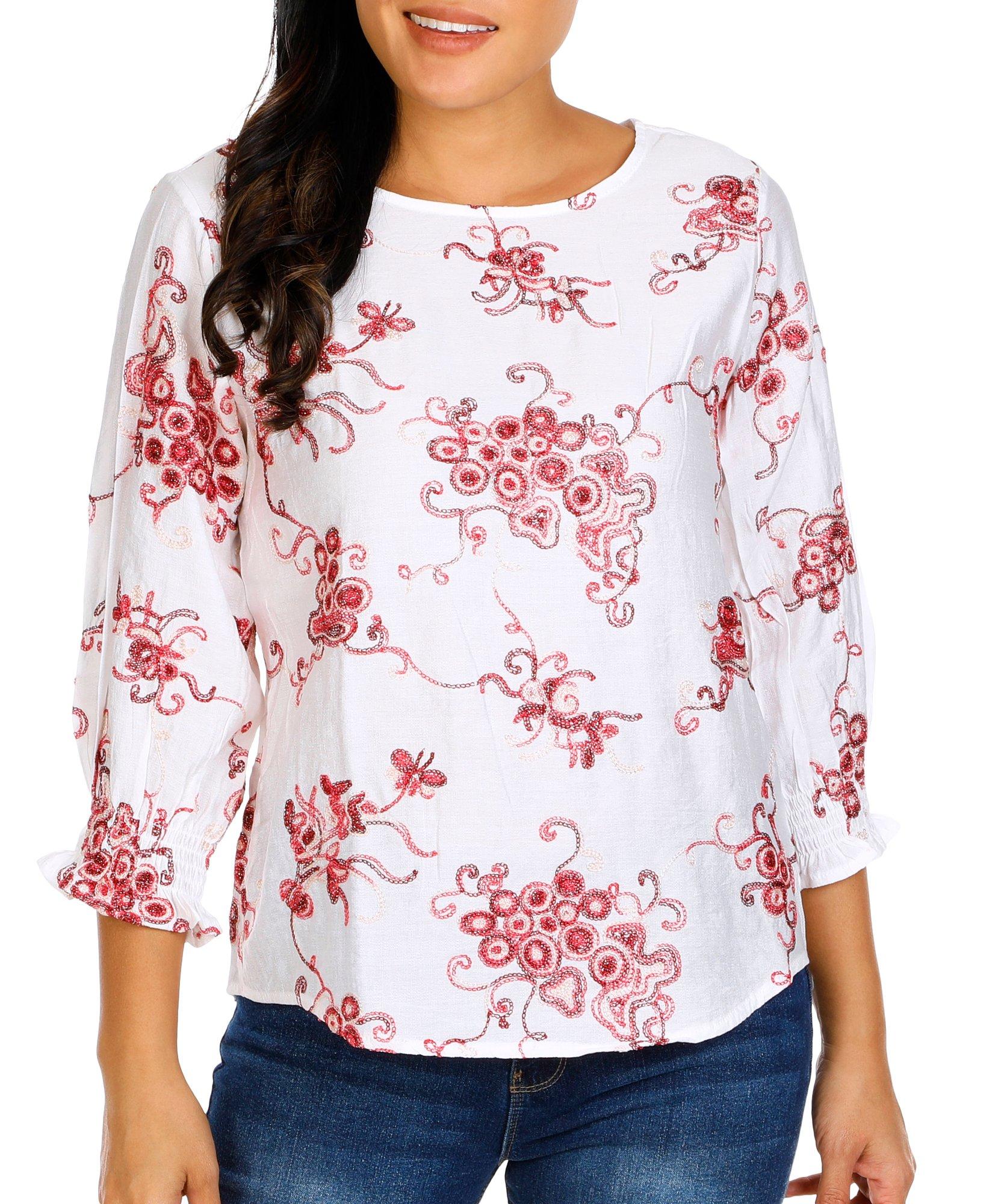 Women's Petite Embroidered Floral Print Top