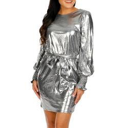 Women's Solid Metallic Long Sleeve Dress - Silver
