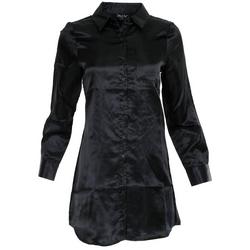 Juniors Long Sleeve Satin Shirt Dress - Black