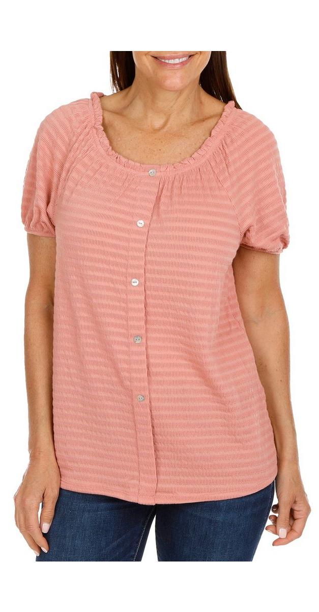 Womens Short Sleeve Solid Button Down Top Pink Bealls