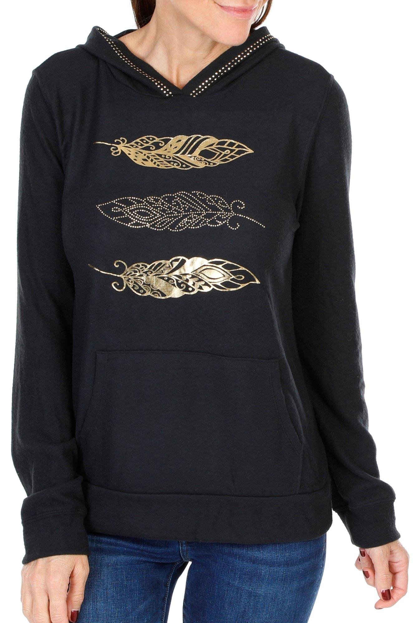 Women's Feather Embellished Pullover Hoodie - Black