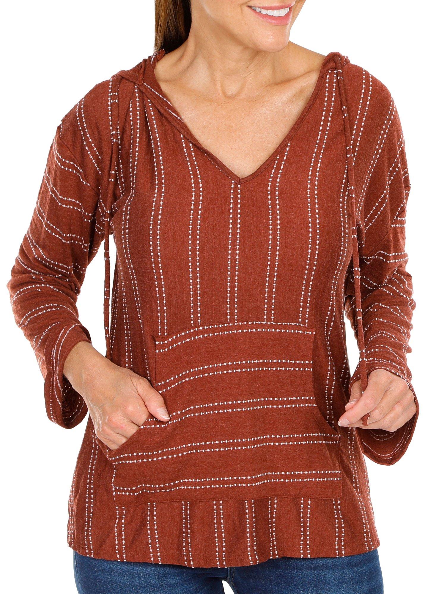 Women's Solid Dotted Stripe Hooded Pull Over - Brown