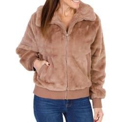 Women's Solid Faux Fur Bomber Jacket - Tan