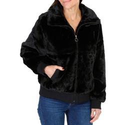 Women's Faux Fur Full Zip Bomber Jacket - Black