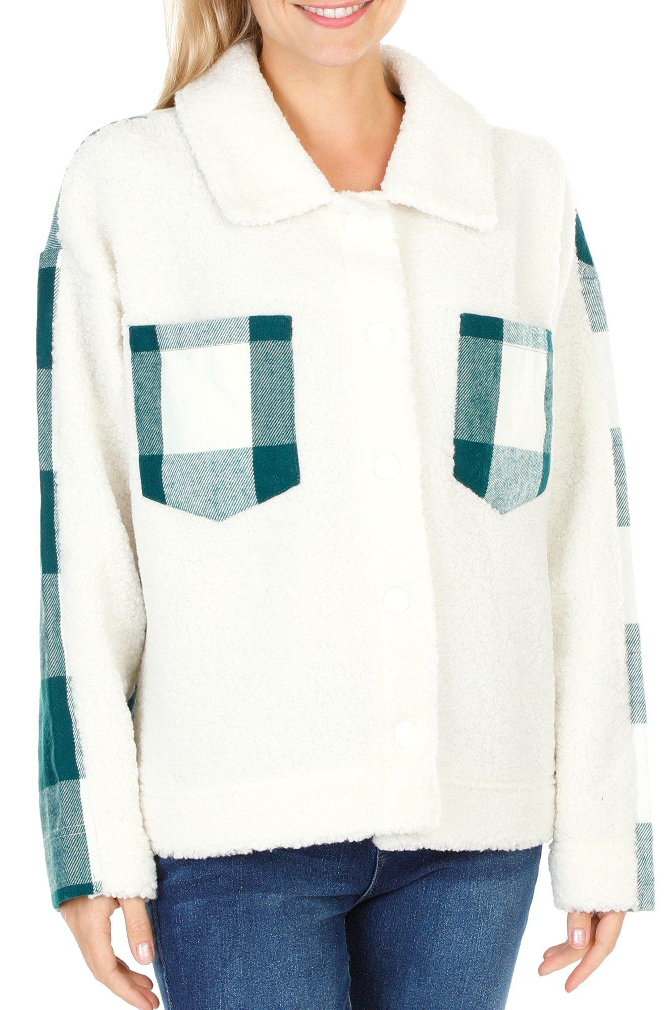 Juniors Sherpa Plaid Shacket - White