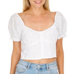 Juniors Solid Floral Eyelet Crop Top - White