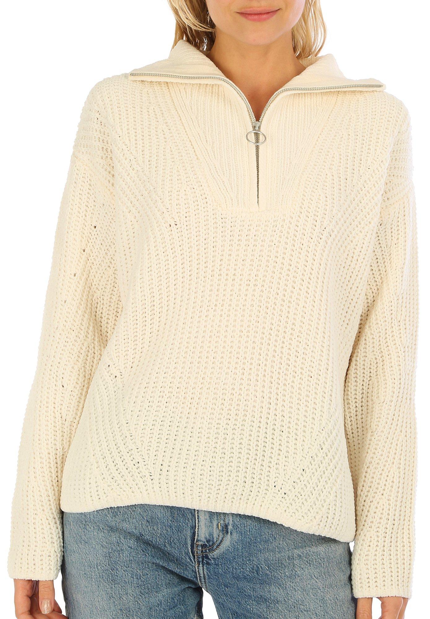Juniors Solid Cable Knit Zip Sweater