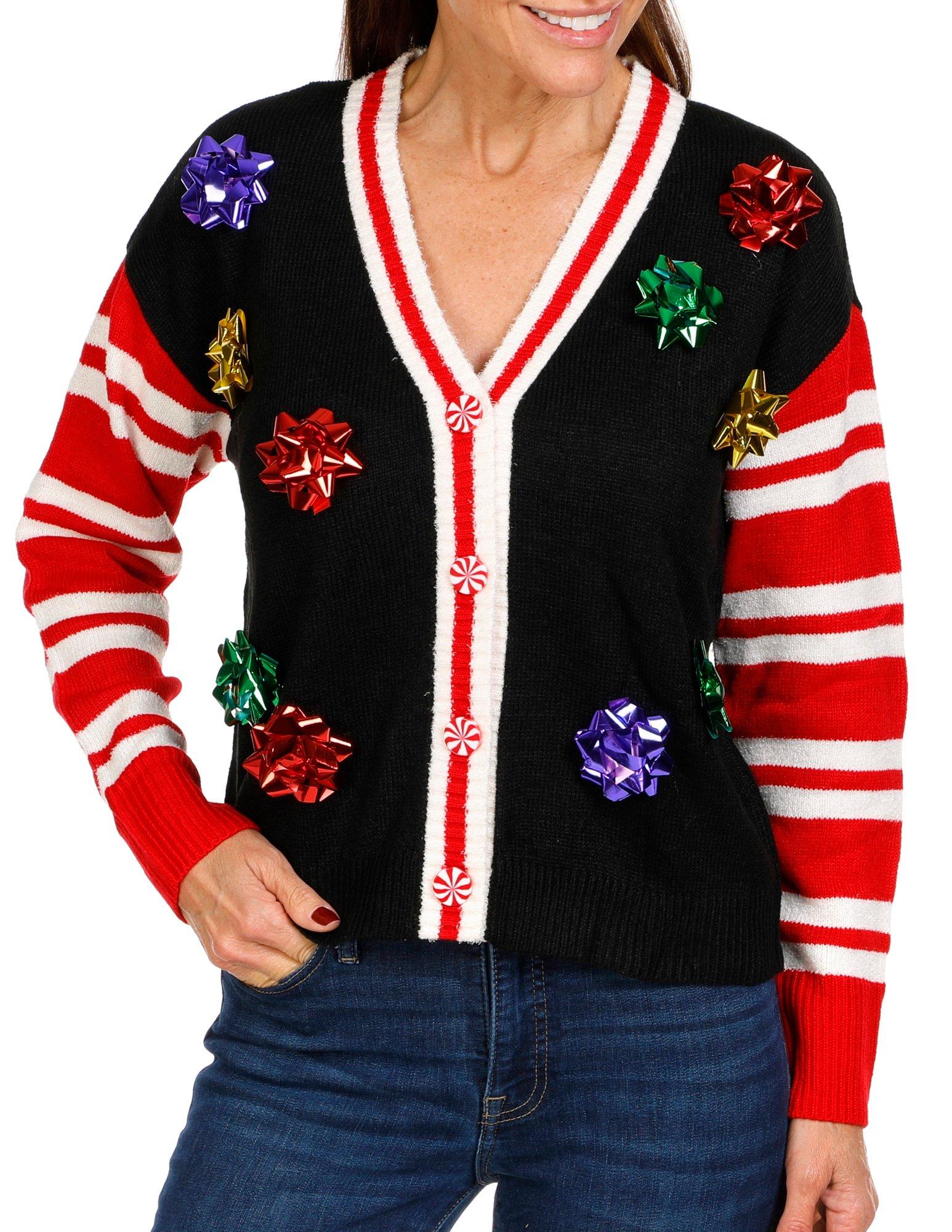 Juniors Christmas Bow Front Sweater