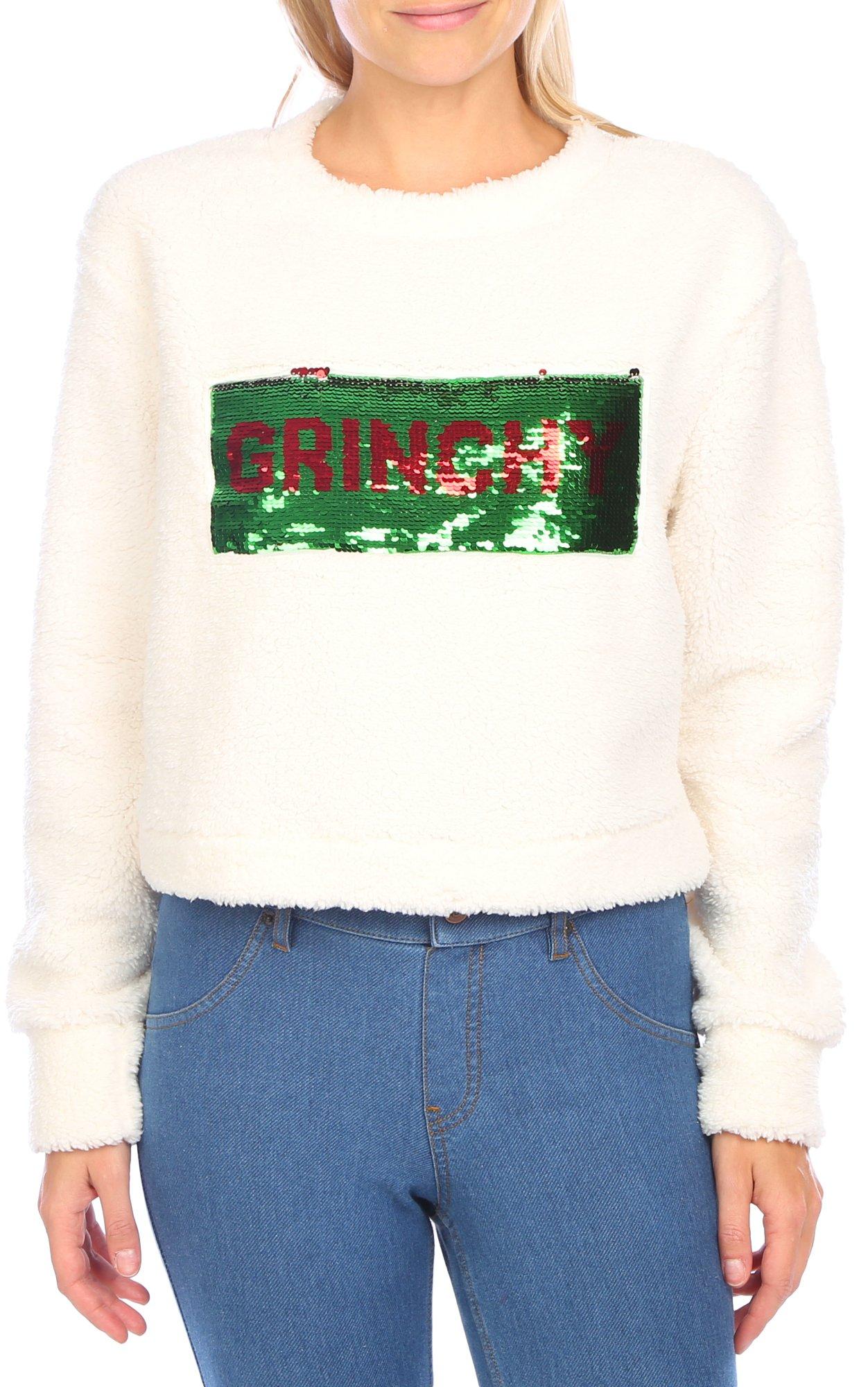 Juniors Flip Sequins Grinchy Top