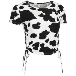 Juniors Cow Print Side Cinch Top - Black/White