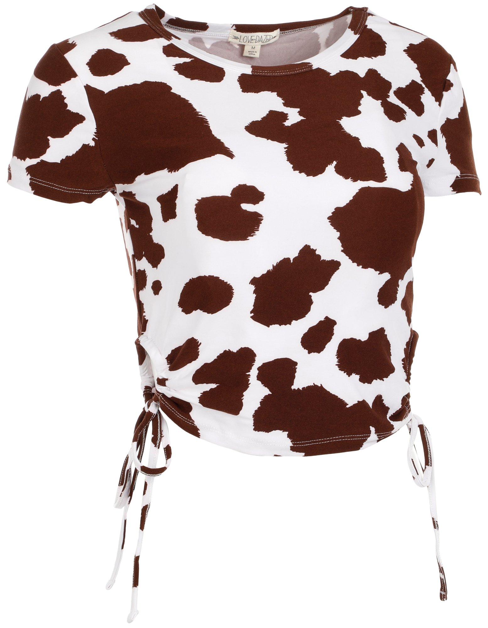 Juniors Cow Print Crop Top - Brown