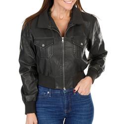 Juniors Faux Leather Bomber Jacket - Brown