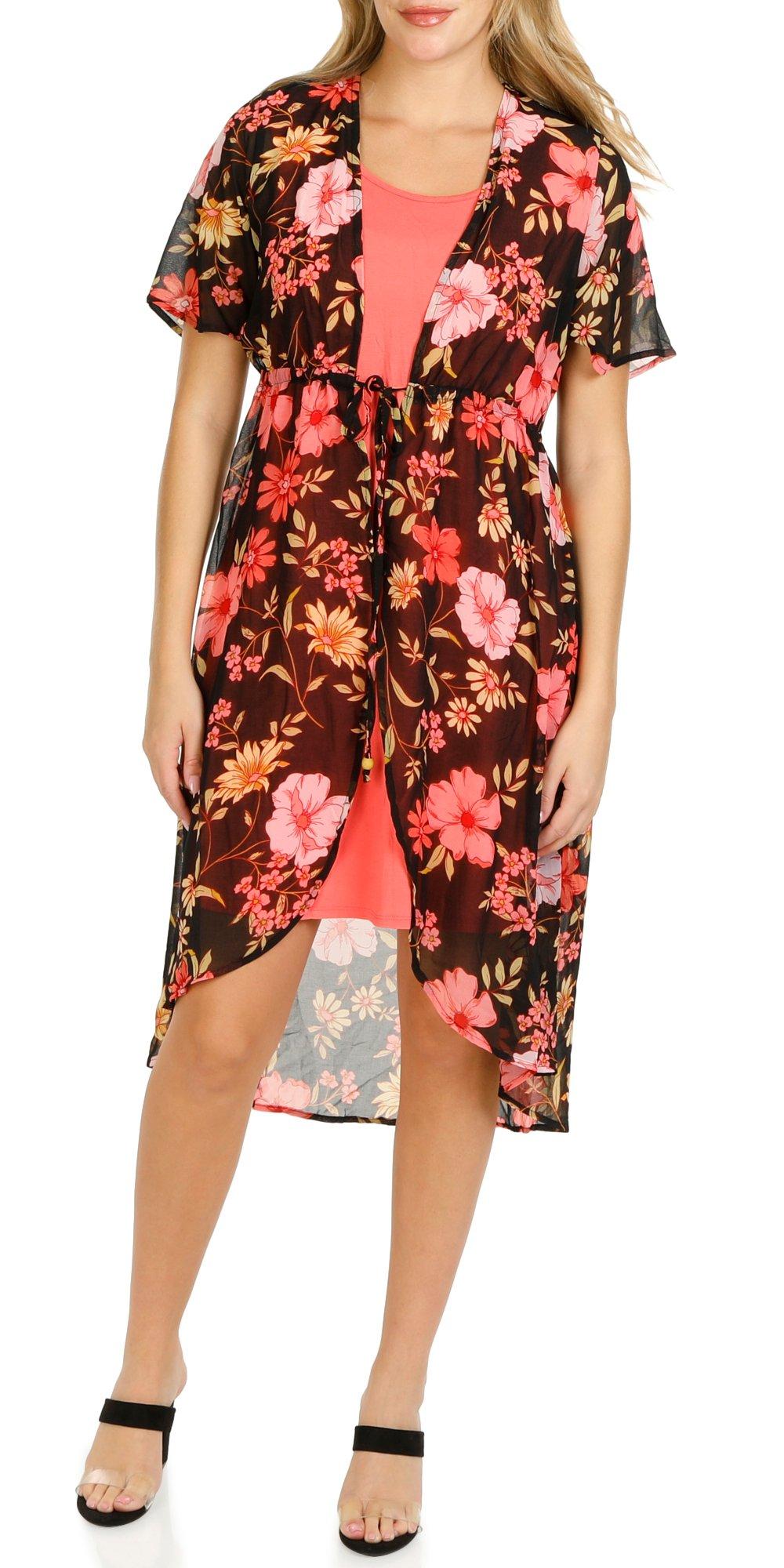 Juniors 2 Pc Floral Cardigan and Dress Set - Pink Multi