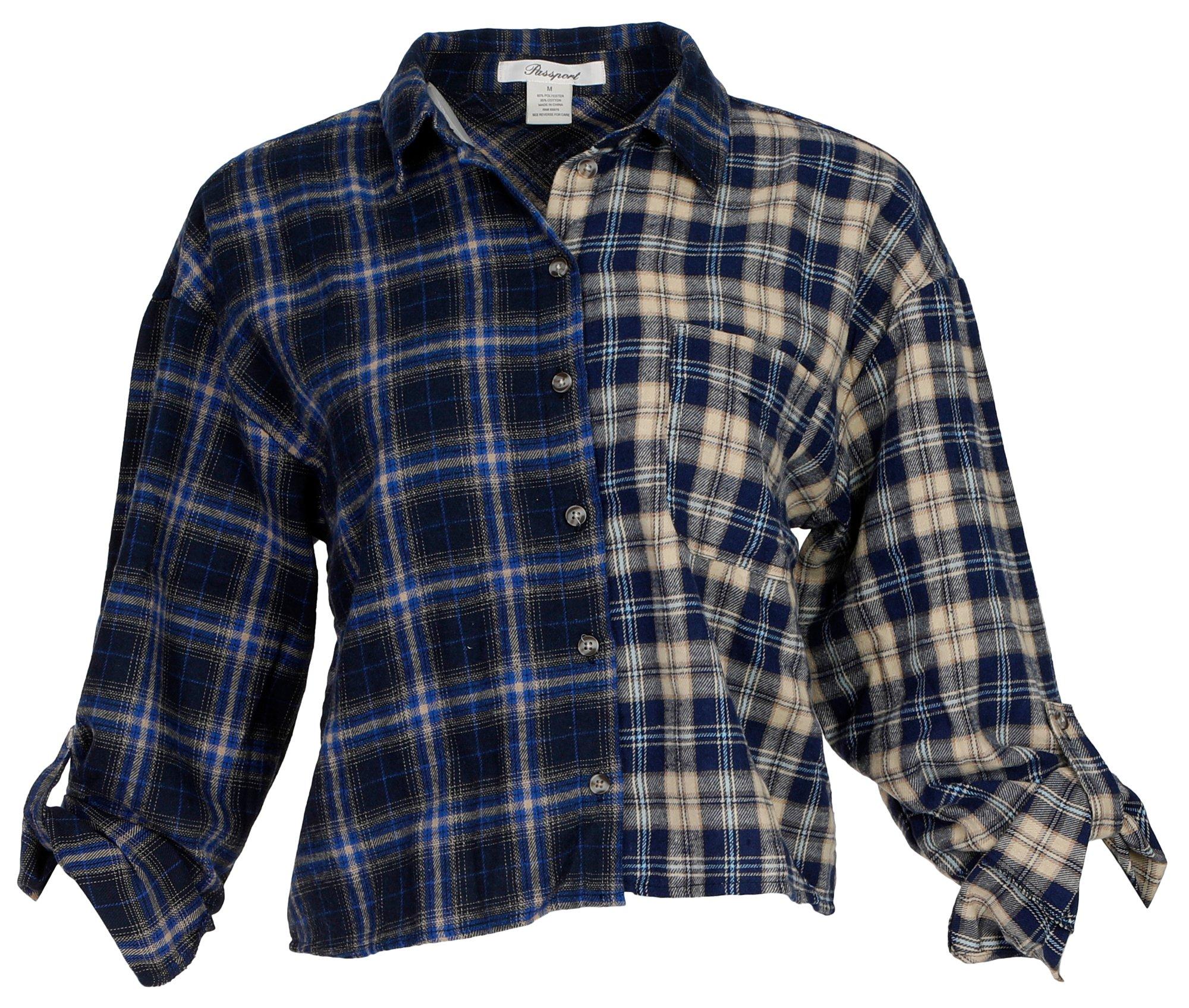 Juniors Dual Plaid Button Down Cropped Top - Blue Multi