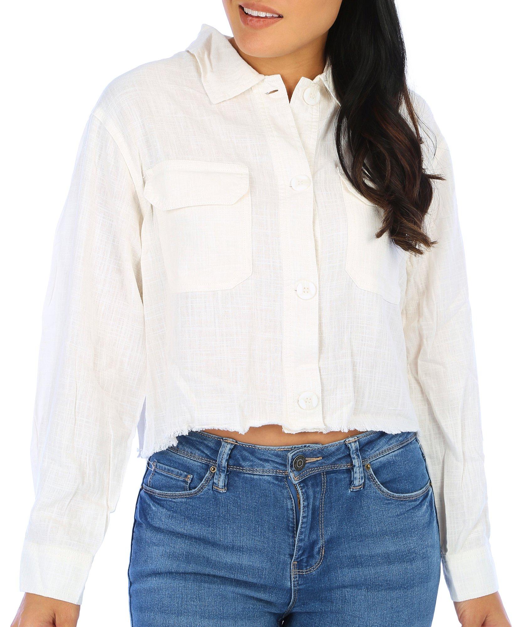 Juniors Solid Button Down Crop Top