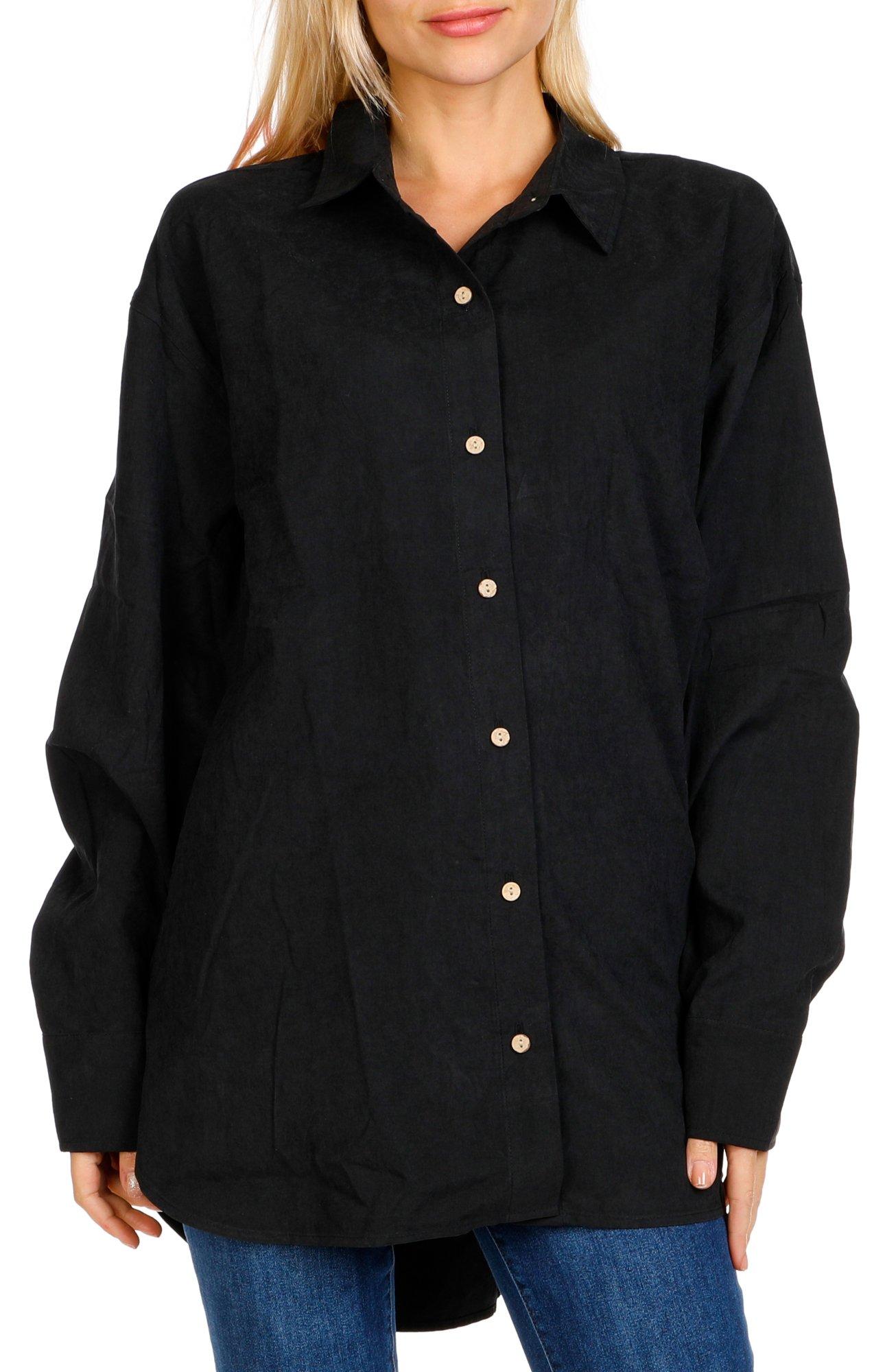 Juniors Solid Button Down Long Sleeve Top