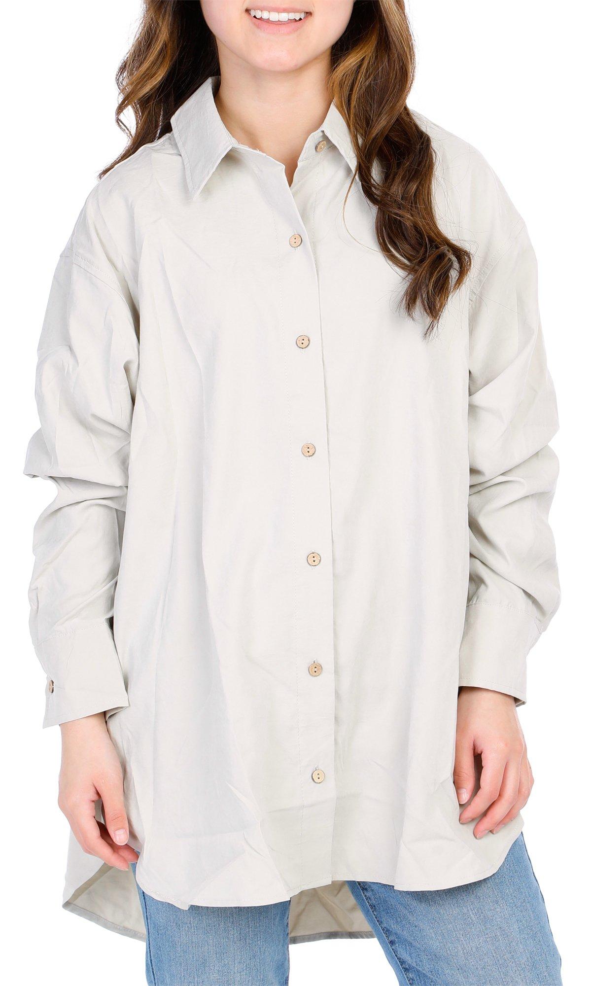 Juniors Solid Button Down Long Sleeve Top