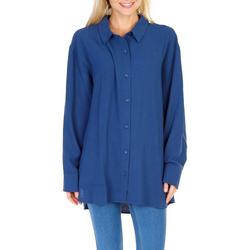 Juniors Solid Long Sleeve Button Down Top