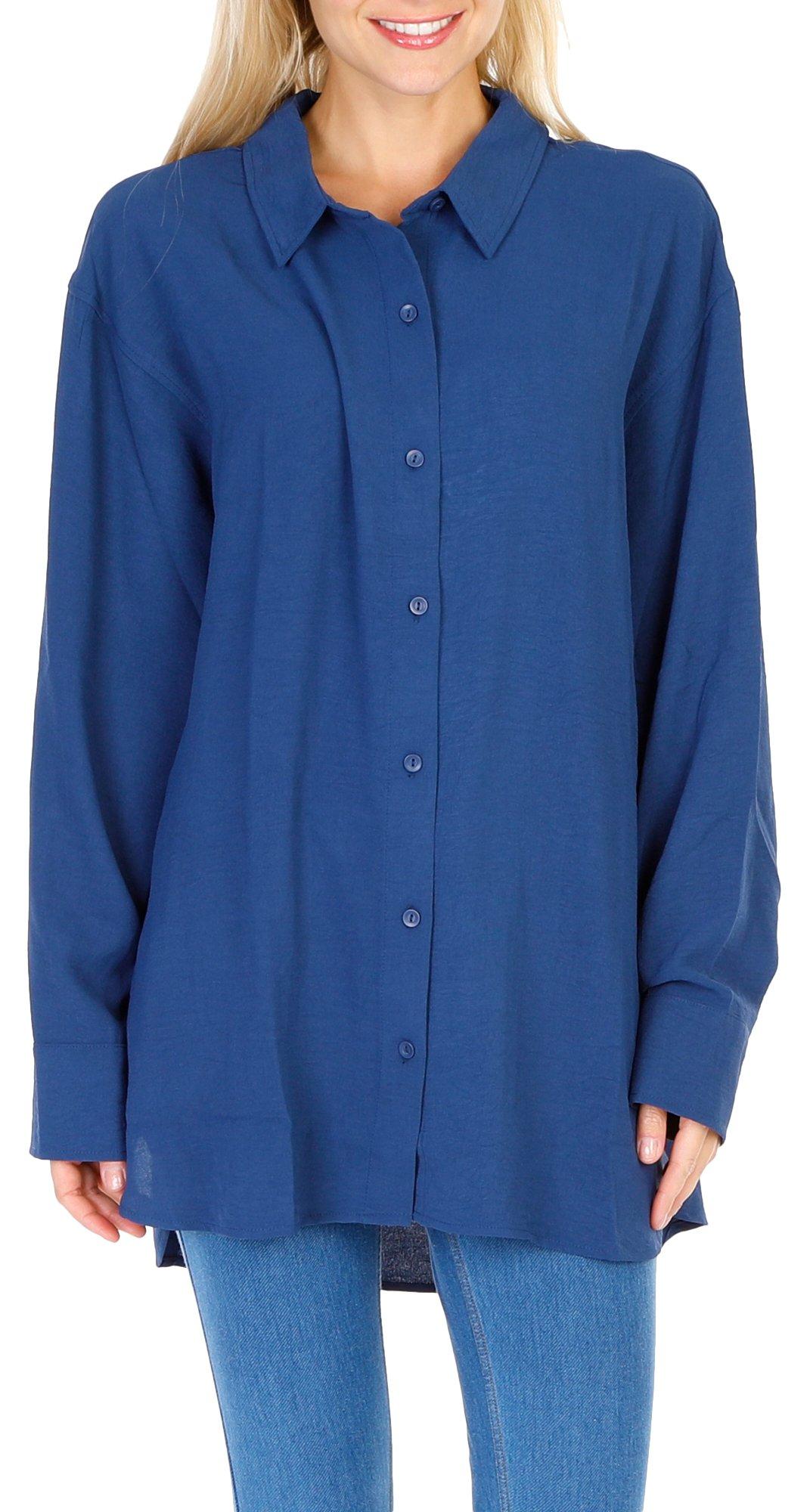 Juniors Solid Long Sleeve Button Down Top