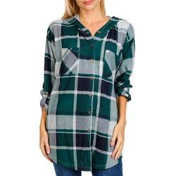 Juniors Hooded Plaid Button Down Top