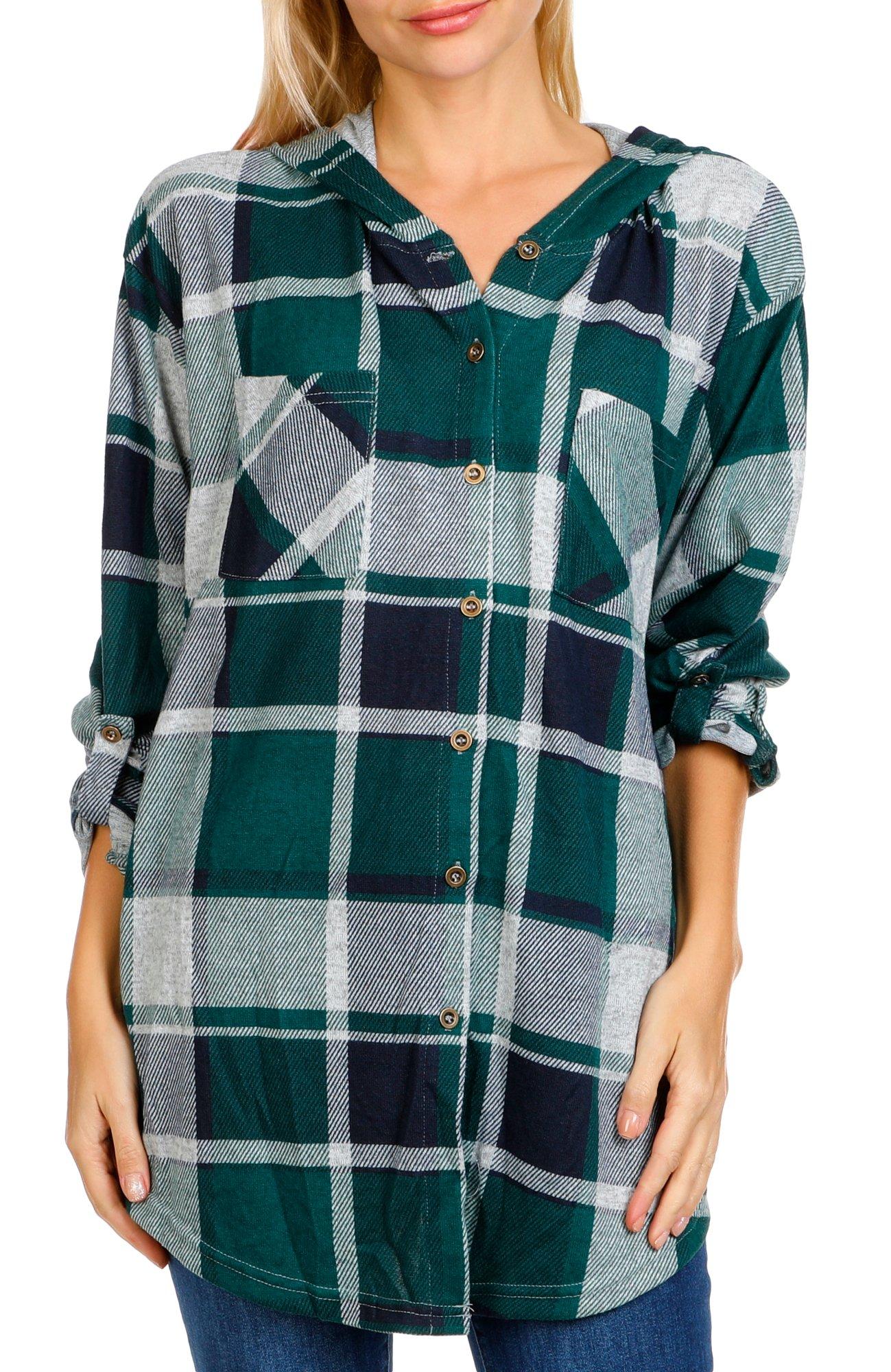 Juniors Hooded Plaid Button Down Top