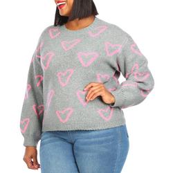 Junior's Plus Heart Print Sweater - Grey