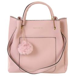 Faux Leather Tote With Pompom Keychain - Pink