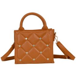 Solid Quilted Rhinestone Tote - Brown