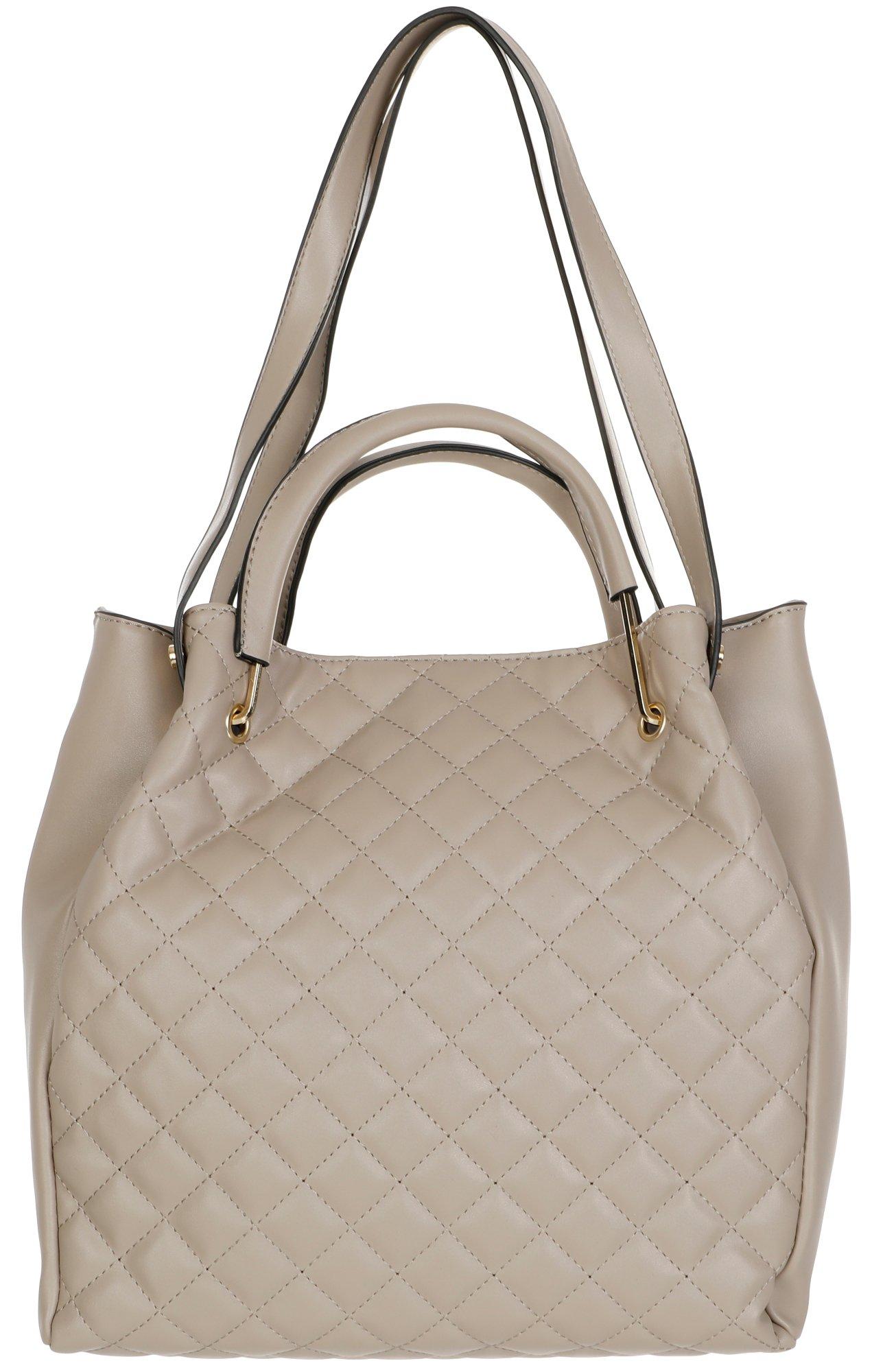 Solid Faux Leather Quilted Tote - Tan
