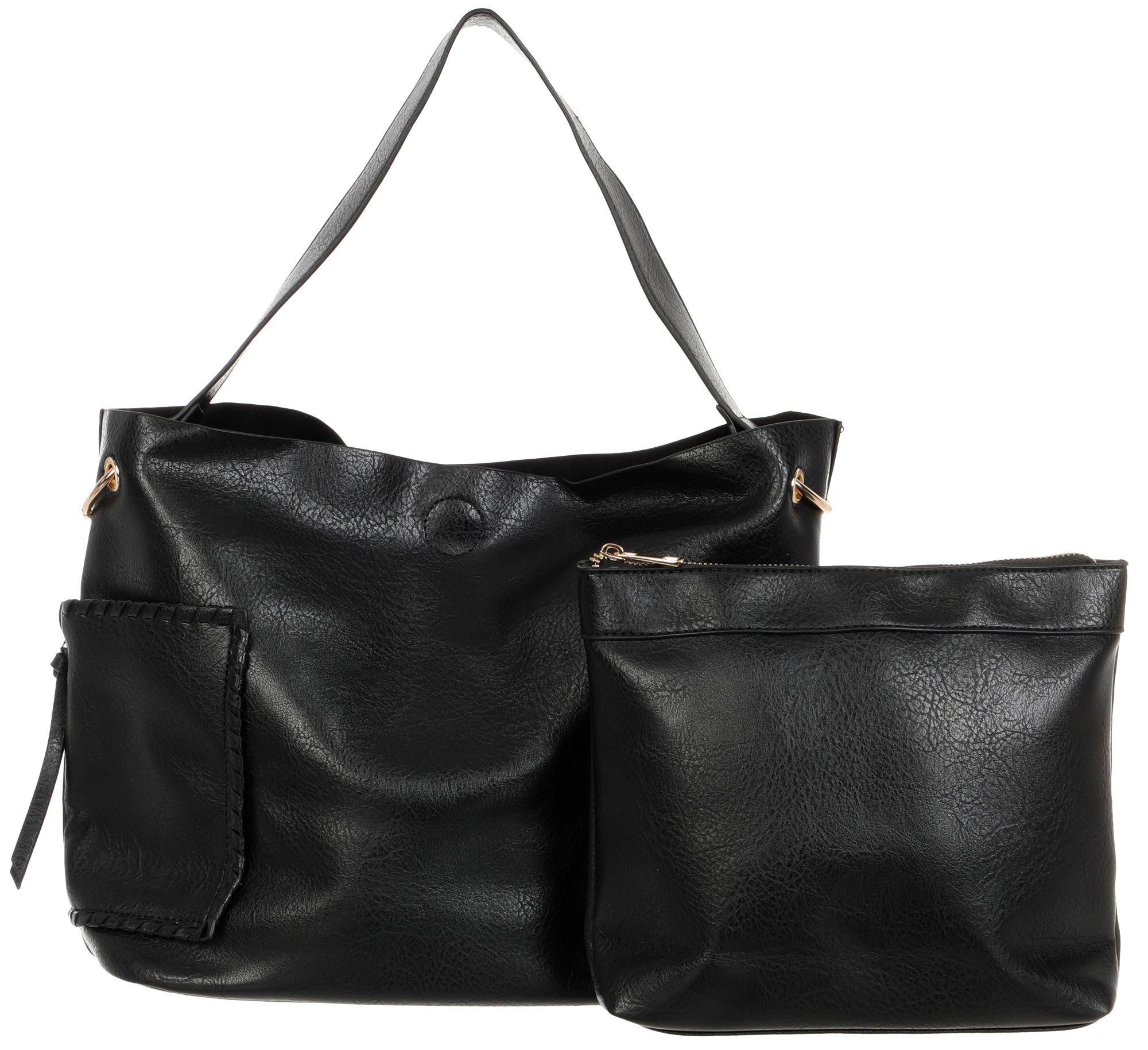 2 Pc Faux Leather Hobo & Clutch - Black