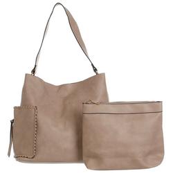 2 Pc Faux Leather Saddle Hobo and Clutch - Taupe