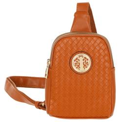 Woven Faux Leather Medallion Sling Backpack - Brown