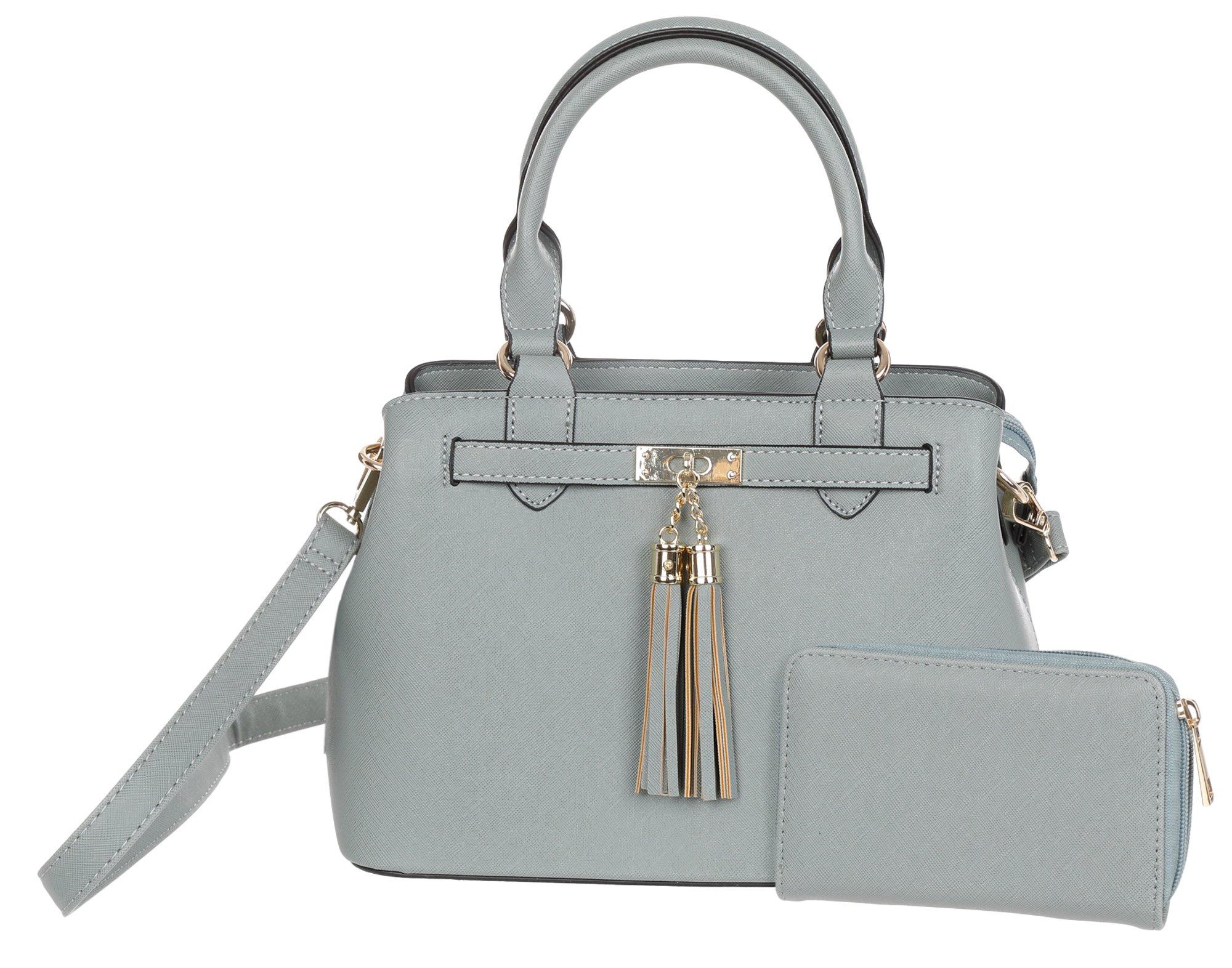 Faux Leather Tassel Satchel - Blue