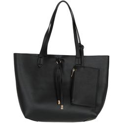 2 Pc Solid Faux Leather Tote & Pouch - Black