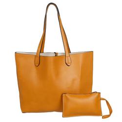 2 Pc Solid Faux Leather Tote & Pouch - Mustard