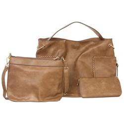 3 Pc Faux Leather Solid Hobo - Tan