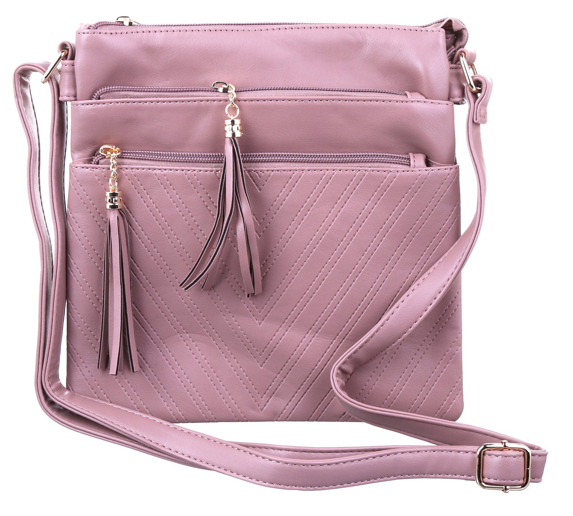 B Brentano Vegan Multi-Zipper Crossbody Handbag Purse with Tassel Accents