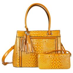 2 Pc Faux Ostrich Skin Satchel and Wallet Set - Yellow