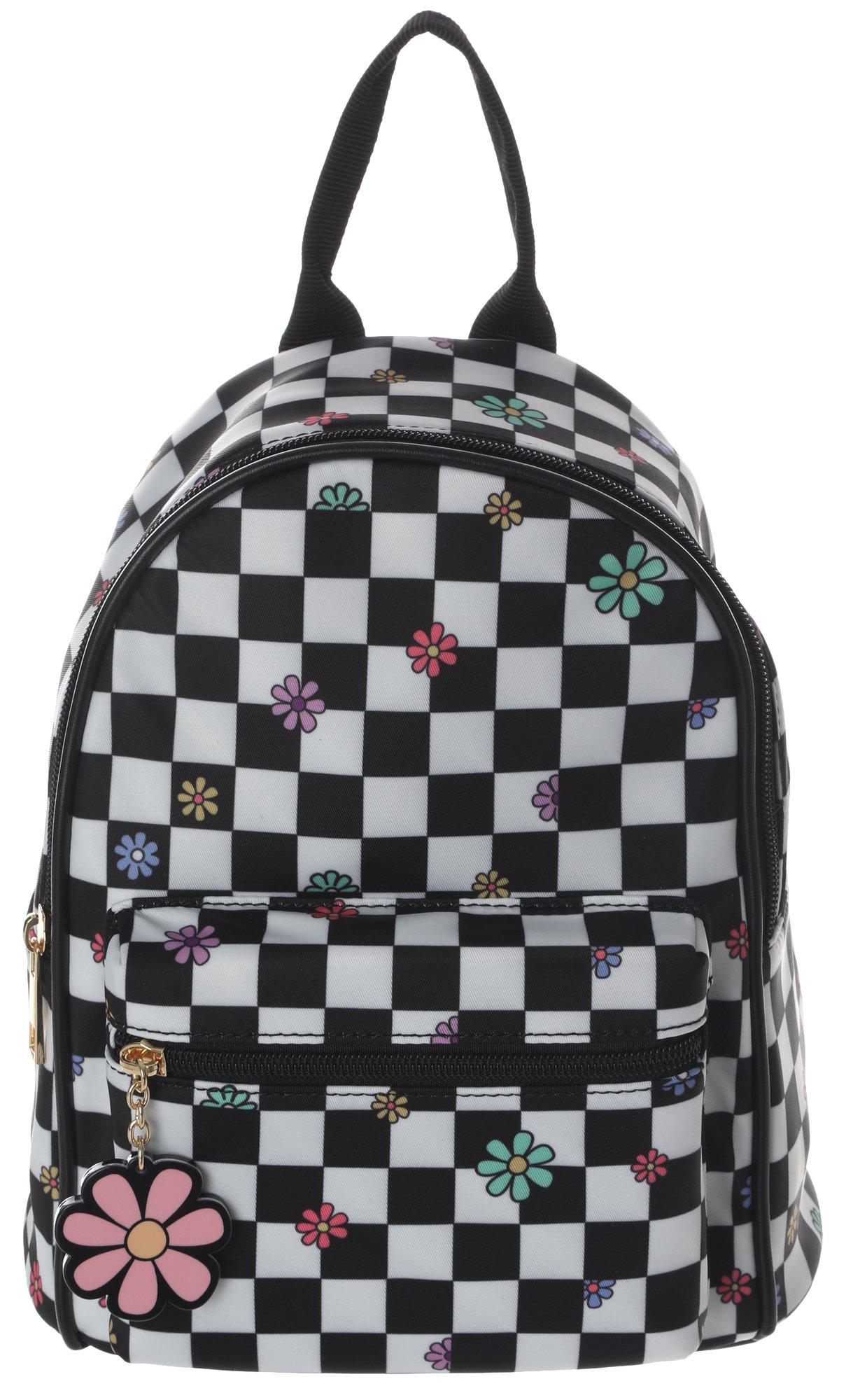 Checkered Flower Nylon Mini Backpack - Black/White