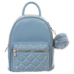 Quilted Faux Leather Mini Backpack with Pom - Blue