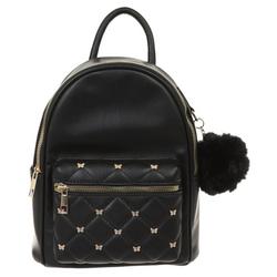 Quilted Faux Leather Mini Backpack with Pom - Black