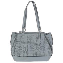 Faux Leather Perforated Triple Entry Satchel - Light Blue