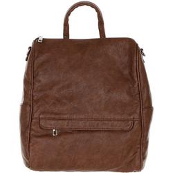 Solid Faux Leather Backpack - Brown